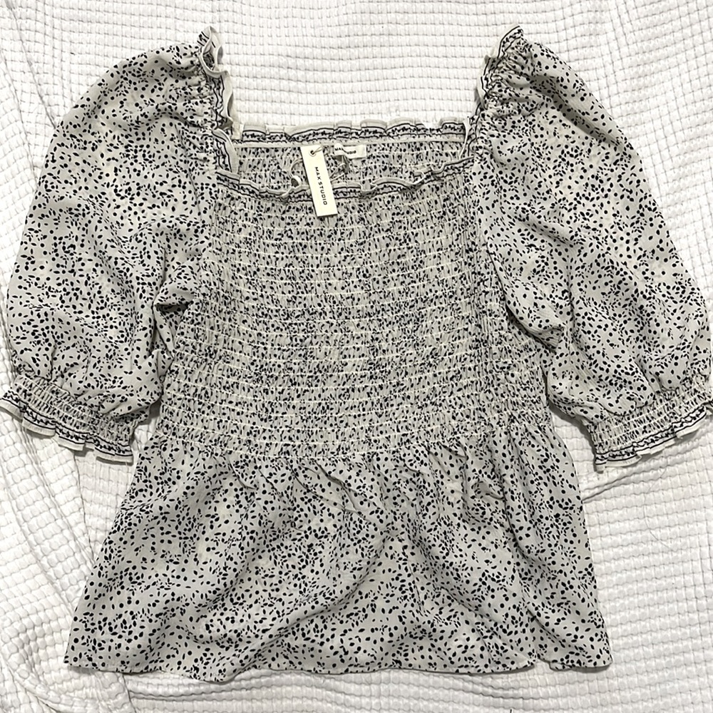 Max Studio Black and White Smocked Blouse